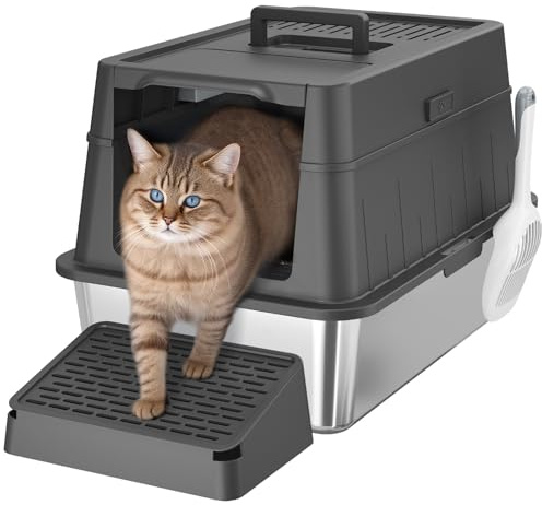 Lifewit Kattströ Rostfritt Stål med Lock, Kattströ Stor Katttoalett xxl Kattströ Stängd för Stora Katter, Främre Ingång Utgång Katt Toalett Metall Strö Låda med Spade, Pedal, svart