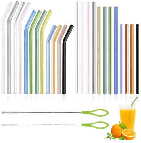 24 Stück Glasstrohhalme, Strohhalme Glas Trinkhalme Wiederverwendbar mit 2 Strohhalm Bürste, 12 Gebogene Glasröhrchen und 12 Gerade Glastrinkhalme für Bubble Tea Cocktail Säfte Smoothie