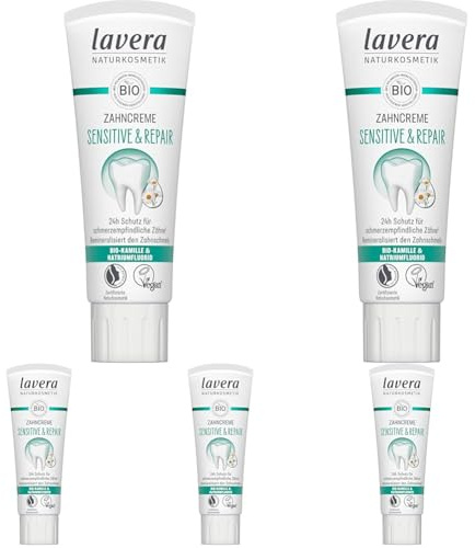 lavera Zahncreme Sensitive & Repair - für empfindliche Zähne - 24h Schutz - Bio-Kamille & Natriumflorid - Vegan - Naturkosmetik - 75 ml (Packung mit 5)