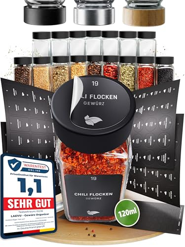 LAEVU Gewürzgläser Set Eckig | 24 Stk. 120ml - 10,5 x 4,5 cm | Gewürzstreuer Schwarz mit 350 Gewürzetiketten, 48 Streueinsätze und noch mehr | 24