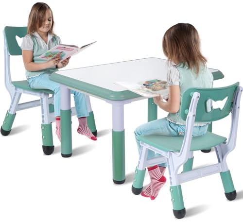 Sinbide Mesa Infantil con 2 sillas, Grupo de Mesa Infantil en Altura Ajustable, Muebles de plástico para niños, Grupo de Asientos para niños y niñas a Partir de 2 años (Azul)