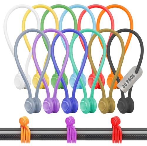 30 Pack Magnetic Cable Ties – Reusable Silicone Magnetic Ties with N52 Magnets – Wrap & Snap Cable Tidies – Colourful Wire Organisers & Desk Tidy Solution for Home & Office, Multicolour