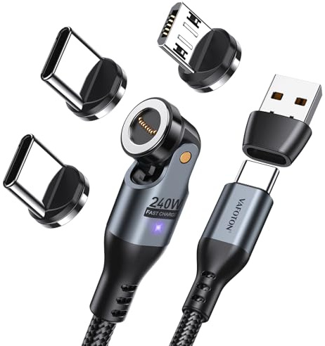 VAFOTON Câble Magnétique USB C 240W 9PIN 540° Rotation 48V/5A 1.8M, Charge Rapide et Transfert de Données, Câble 3 en 1 USB C/A pour Type C/Micro USB/i-Products 15/16 / MBook Pro