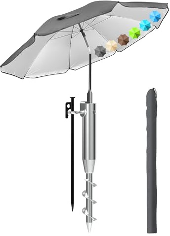 Menz Sonnenschirm Strand 3-in-1 Set Ø180 cm Anthrazit - Strandschirm windfest stabil mit UV50+ Sonnenschutz, Eindrehbodenhülse Sonnenschirm & Schutzhülle – höhenverstellbar & neigbar