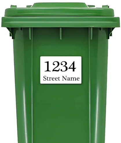 Lot de 4 autocollants personnalisés pour poubelle – Étiquettes étanches avec numéro de maison et nom de rue – Stickers vinyle pour extérieur