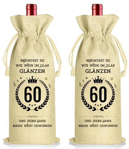 KASURE 2 Stück 60 Geburtstag Weinflasche Tasche, Jute Weinbeutel mit Kordelzug, Wein Geschenktüten，Geschenke zum 60 Geburtstag für Frauen und Mann