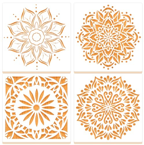 MWOOT 4 Plantillas de Mandalas para Pintar, Diseños de Flores Mandala, 20x20 CM