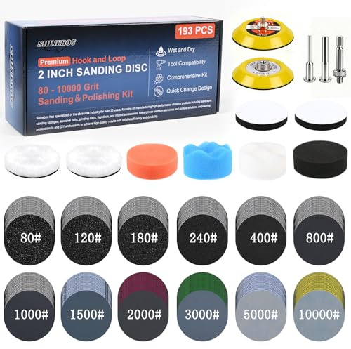 193Pcs 2 Inch Polishing Kit Hook and Loop Sanding Discs, Headlight Restoration Kit - 80 to 10000 Grits Wet Dry Sandpaper Buffing Sanding Pads with 1/4 1/8 Shank, for Metal, Wood, Auto, Glass