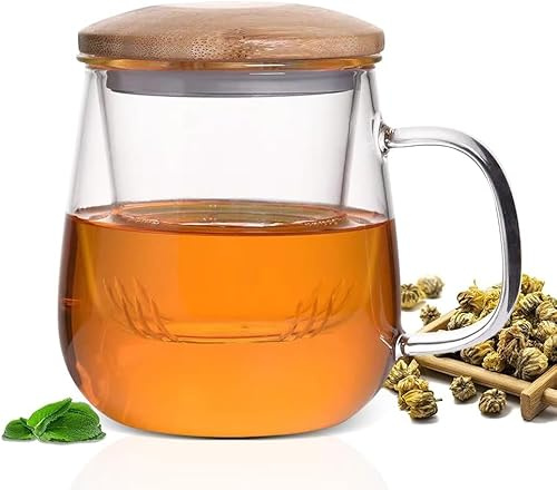 CEWROM 420 ml Glas-Teetasse mit Teesieb und Deckel, Doppelwandige Glas Teetasse aus Borosilikat für Losen Blatttee, Blooming Tea, Tee Tasse, Teetassen, Große Tasse
