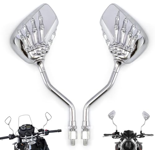 APEBAZY Universal 10MM 8MM Motorrad Rückspiegel CNC Chrom Motorrad Spiegel Totenkopf-förmiges Klauendesign Motorradspiegel E Geprüft Kompatibel Mit ATV Scooter Dirt Bike Cruiser (Silber)