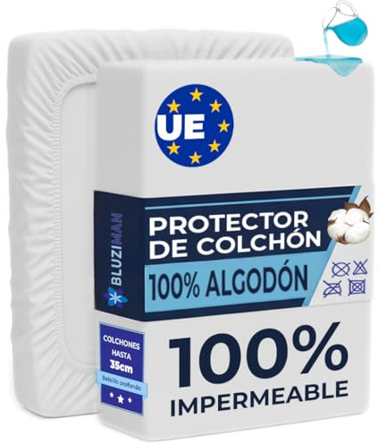 BLUZIMAN® Protector Colchon 105x190 Impermeable, 100% Algodón Fabricado en España Altura hasta 35cm, Cubre Colchon Protector de Colchon Anti Acaros, Funda Colchon Mattress Protector (Cama 105x190/200)