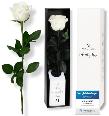 Mia Milano Rosa Infinity Blanca con Tallo (duración 5 años) en Caja de Regalo | Regalo Decorativo para Ella | Flor preservada con Aroma a Rosa | Tarjeta de Regalo incluida
