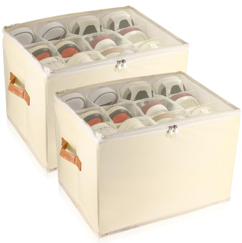 2 Pack Shoe Storage Boxes with Zipable Clear Cover, Fits Up to 24 Pairs