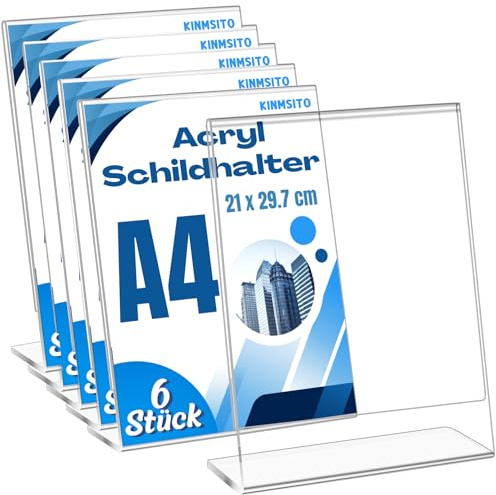 Kinmsito 6 Stück Acryl Schilderhalter A4, Tischaufsteller, Transparent | Schräg L Ständer for Restaurant, Büro, Geschäft, 21 X 29.7 Cm
