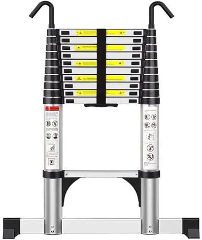 Exleiter Telescoping Ladder 3.2M, Extension Ladder with Hooks and Stabiliser Aluminium Folding Loft Ladder, Adjustable Step, Home Storage, Attic, Maintenance Garden etc, Max Load 150kg/330lb