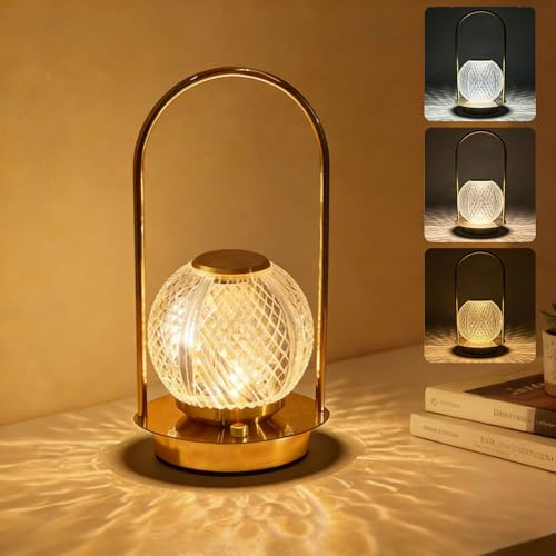 Cordless Rechargeable Table Lamp - Protable Metal Gold Table Lamp, Crystal Vintage Lantern Table Touch Light, 3 Color Stepless Dimming Battery Operated Light for Indoor Outdoor, Camping, Bedroom(Gold)