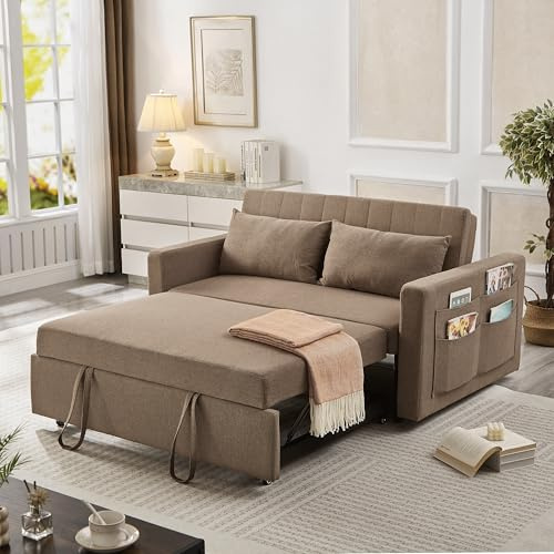 N NOORDENIYA 55.5 Fabric Convertible Sofa Bed, Pull Out Sleeper Sofa Bed, Loveseat Couch with Side Pocket, 3 in 1 Convertible Sleeper Sofa Bed for Living Room, Apartment, Bedroom, RV, Brown