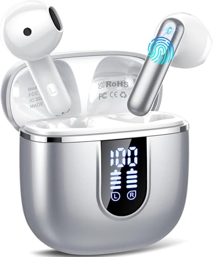 Ecouteurs Bluetooth sans Fil, Écouteurs Bluetooth 5.4 avec 4 ENC Réduction Antibruit Mic, 40H Casque sans Fil Stéréo 3D HiFi, USB C, Contrôle Tactile, IPX7 Étanche Oreillette pour iOS Android, Argent