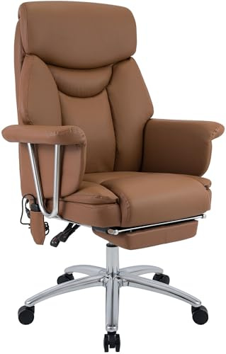 CLP Bürostuhl ergonomisch mit Massagefunktion Dahra, höhenverstellbarer Schreibtischstuhl mit Fußablage, Echtleder Akzente, belastbar bis 135 kg Farbe braun