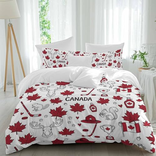Happy Canada Day Duvet Cover Set Queen Size 4 Pieces Red Maple Leaf Flag Line Beaver Squirrel Bedding Set with Zipper Closure, 1 Comforter Cover 92x106 Inches 1 Flat Sheet & 2 Pillow Cases