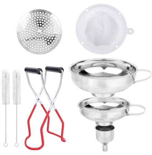 8pcs Food Canning Funnels Set for Wide Mouth & Regular Mason Jars, 3 Stainless Steel Funnels 2 Metal Strainer Mesh 1 Anti-Scalding Tongs 2 Brushes Supplies Kit for Kitchen Use Filling Bottle Jam