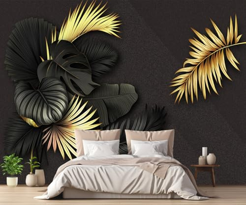 Custom Mural Wallpaper Black and Golden Leaves 300x210cm for Living Room Bedroom -MIWEI Wallpaper-WF00831