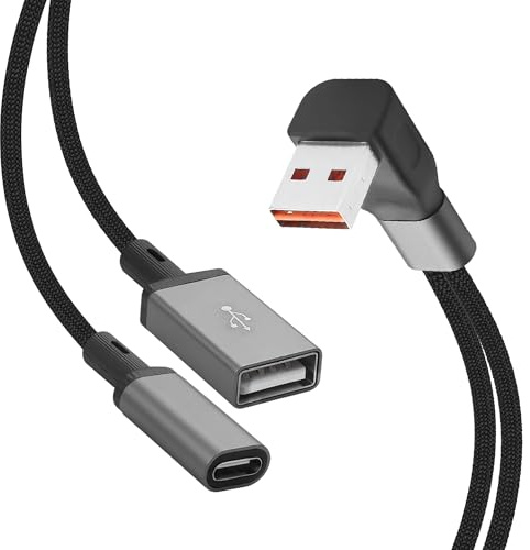 YACSEJAO Right Angle USB Splitter Cable 1 In 2 Out USB A 2.0 to Dual USB A/C Female Adapter Extension Cord Charging Data Transfer for Laptop/Phone (A+C)