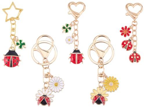 SUPERFINDINGS5 Porte Clés Coccinelle Mignons Charm Coccinelles en Alliage et Émail avec Anneau en Or Insecte avec Fleur ets Feuille Décoratif pour Sac Clés de Voiture Sacs à Main Sacs à Dos