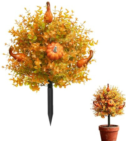 Konstgjorda höstblommor utomhus med markinsatser, 22 tums höstpumpablommarstake konstgjorda topiary-träd, Halloween Thanksgiving verandadekor(A,1)