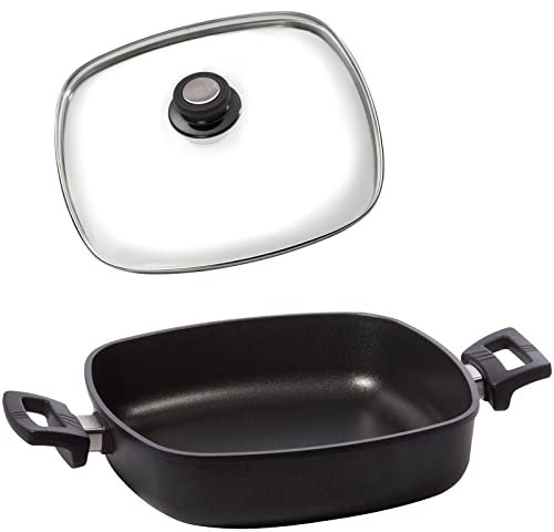 Eurolux Guss-Kasserolle 28x28 cm Set mit Glasdeckel (Edelstahlrand) - flache quadratische Universal Bratenkasserolle mit Antihaft-Beschichtung - ohne Induktion - Made in Germany