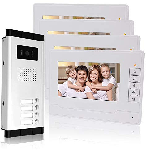 KDL Cablata Sistema di citofoni videocitofoni 7 pollici 4 monitor con 1 telecamera esterna con quattro pulsanti di chiamata Visione notturna IR Audio bidirezionale per appartamenti multipli/Famiglie