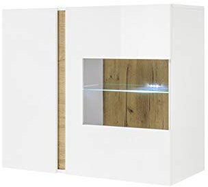 Beauty.Scouts Hängevitrine Vitrine Fresh weiß Hochglanz Grandson Oak Dekor 97x83x40cm Wohnvitrine Vitrinenregal Wohnzimmerregal Regal Vitrinenschrank Schrank Ausführung ohne Beleuchtung