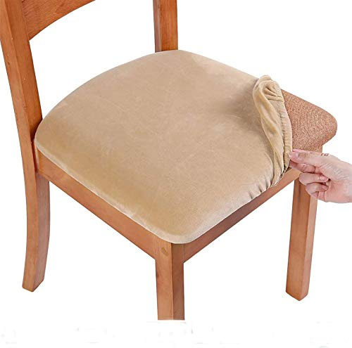 smiry Stretch Chair Seat Covers for Dining Room, Velvet Dining Chair Seat Protectors Chair Slipcovers, Set of 4, Beige