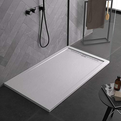Plato de ducha gris de mineral con efecto de pizarra de la serie Paris Slim 3 cm, revestimiento de gelcoat, antideslizante