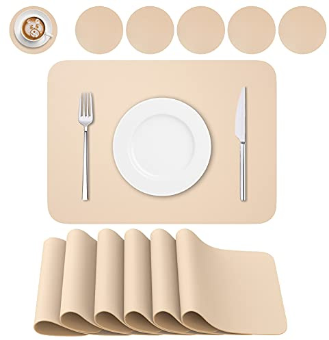BANNIO 6er Set Tischsets abwaschbar,Abwischbar Lederoptik Platzset und Untersetzer,Wasserdicht PVC Platzdeckchen Tischset für Hause Küche Restaurant und Hotel,41x31cm,Beige/Rosa