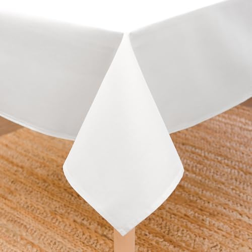 Encasa XO Tovaglia Dimensioni 140x230 cm | Tessuto in tela di cotone | Tinta unita Bianco intenso | Tovaglia da pranzo per decorazione - Lavabile in lavatrice