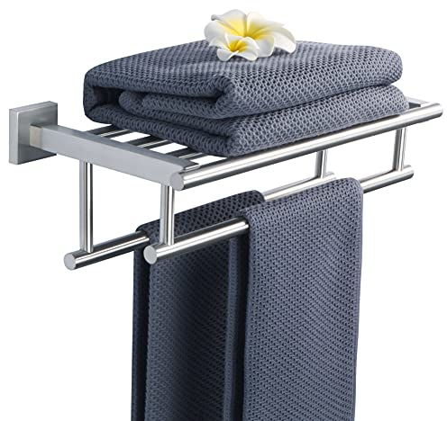 SAYAYO Double Barre Porte Serviette Mural de Salle de Bain, Support Serviette avec Étagère en Acier Inoxydable pour Cuisine Toilette, Longueur 40CM Brossé, EGZ8040-LS-FR