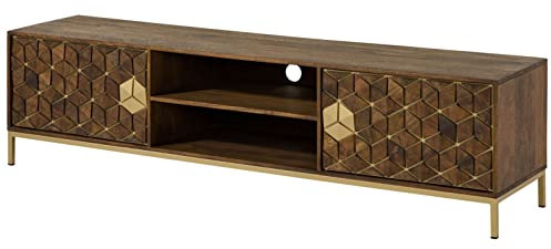 DIAMOND TV-Board aus Mangonholz 190 cm, braun geöltes Massivholz, massives Lowboard mit 2 Kabelführungen, 2 Türen, 2 offenen Fächern, Push-To-Open Mechanik, goldene Ornamente und Eisengestell