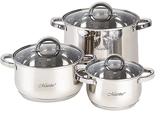 Maestro MR-2120-6L Batería de Cocina Acero Inoxidable, 6 Piezas, Inducción, 3 Cacerolas, 3 Tapas de Cristal, Apta Para Todo Tipo de Cocinas, Apta Lavavajillas
