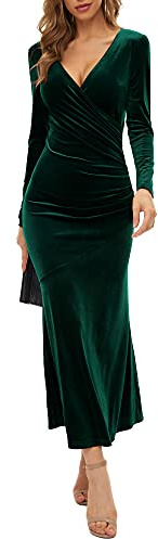 Women's V Neck Wrap Long Sleeve Elegant Mermaid Velvet Cocktail Maxi Dress Evening Party, Green, Large
