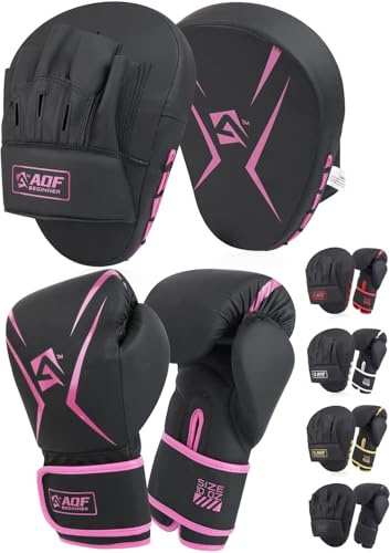 AQF Boxing Gloves & Pads Set for Adults & Kids MMA Muay Thai Training | 4oz–16oz Range, Punching Glove with Curved Focus Pad, Martial Arts Practice Kit, Kickboxing Striking Gear For Coaching Drills