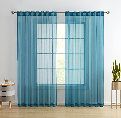 HLC.ME Lauren Semi Sheer Light Filtering Transparent Pocket Top & Back Tab Lightweight Floor Length Window Curtains Drapery Panels Bedroom & Living Room, 2 Panels (54 x 84 Inch, Teal Blue)