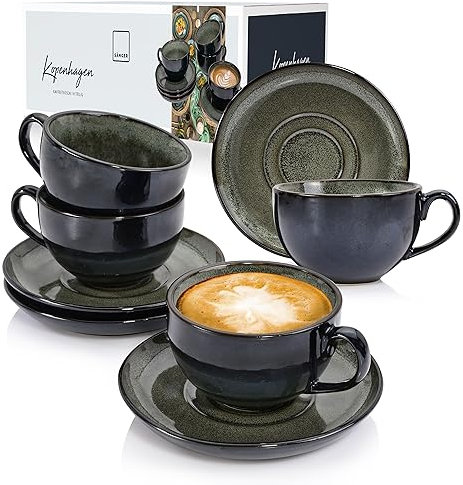 SÄNGER | Kaffeetassen Set Kopenhagen 8 tlg, Kaffeeservice 4 Personen, Kaffeetassen Set & Untertasse Spülmaschinenfest, Steingut Tasse & Untertasse Grau mit Grüner Innenwand 200 ml | PREMIUM COLLECTION
