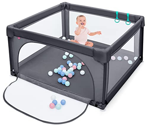 COSTWAY 120 x 120cm Baby Laufstall mit 50 Spielbällen, Laufgitter mit atmungsaktivem Netz und Reißverschluss, Krabbelgitter mit Tür, Laufgitterzelt für Säuglinge und Kleinkinder (Dunkelgrau)