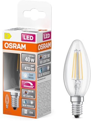 Osram Lampe LED Superstar à intensité variable avec un rendu des couleurs particulièrement élevé (CRI90), E14-base, Aspect filament,Blanc froid (4000K), 470 Lumen,Remplacement de 40W-Ampoules 1-Pack