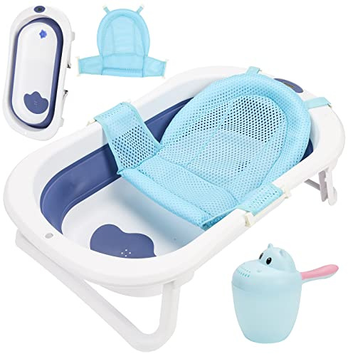 Tubiaz Faltbare Baby Badewanne Babywanne mit Thermometer, Badekissen, Haarwaschbecher, babybadewanne, Babybadewanne mit gestell ab 0-3 Jahre (Blau)
