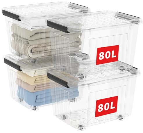 Cetomo 80L*4 Cajas de Almacenamiento con Tapas, Contenedores de Plástico con Ruedas, Clip On, Apilables, Encajables, Organizador Rayado para Oficina en Casa, Transparente, 80L-4 Pack