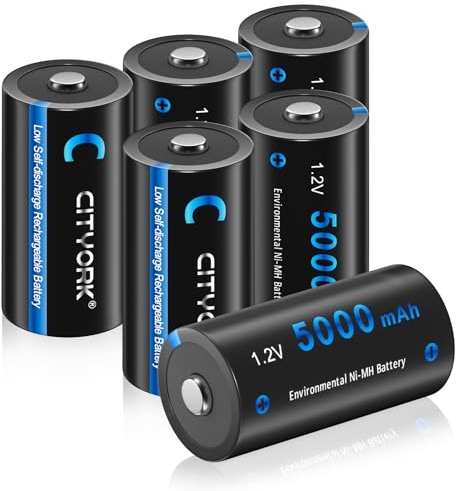 CITYORK 5000 mAh 1,2 V batterie ricaricabili NI-MH C a celle ricaricabili, ad alta capacità, perfette per l'uso quotidiano e il negozio, con vano batteria - 6 pezzi