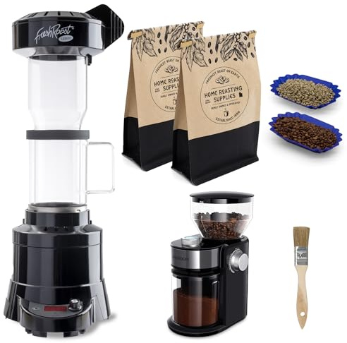 Fresh Roast Coffee Roaster Bundle SR800, Glass Extension Tube, Burr Grinder, (2 Lbs) Sample Pack of Green Beans, (2- pack) Sample trays