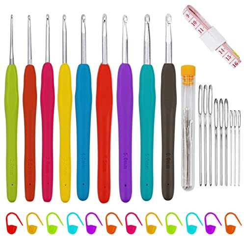 SZCXDKJ 39 Pack Crochet Hooks Set, 9PCS Aluminum Knitting Needles Kit Ergonomic Soft Grip Handle for Arthritic Hands with Measuring Tape Stitch Markers and Sewing Needles